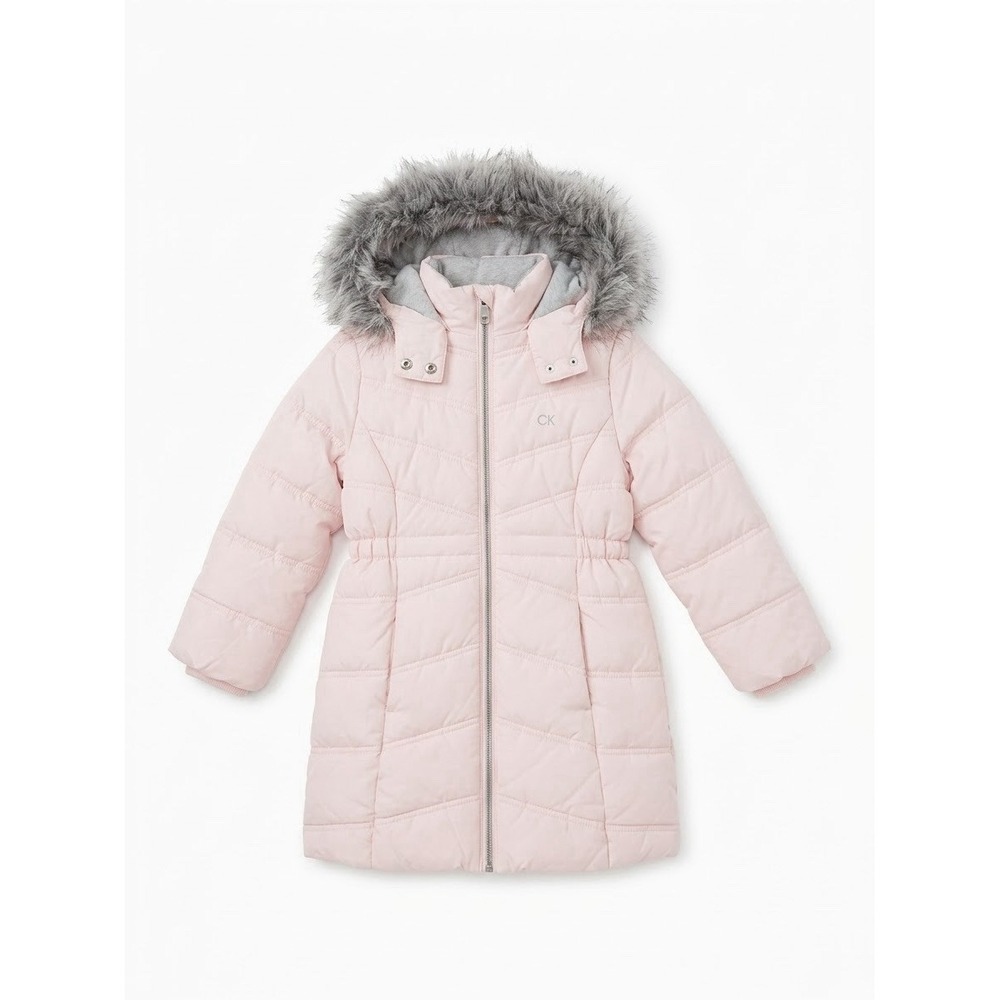 Calvin Klein Jeans Girls Light Pink Faux Fur Trim Hooded Puffer Coat Size 5